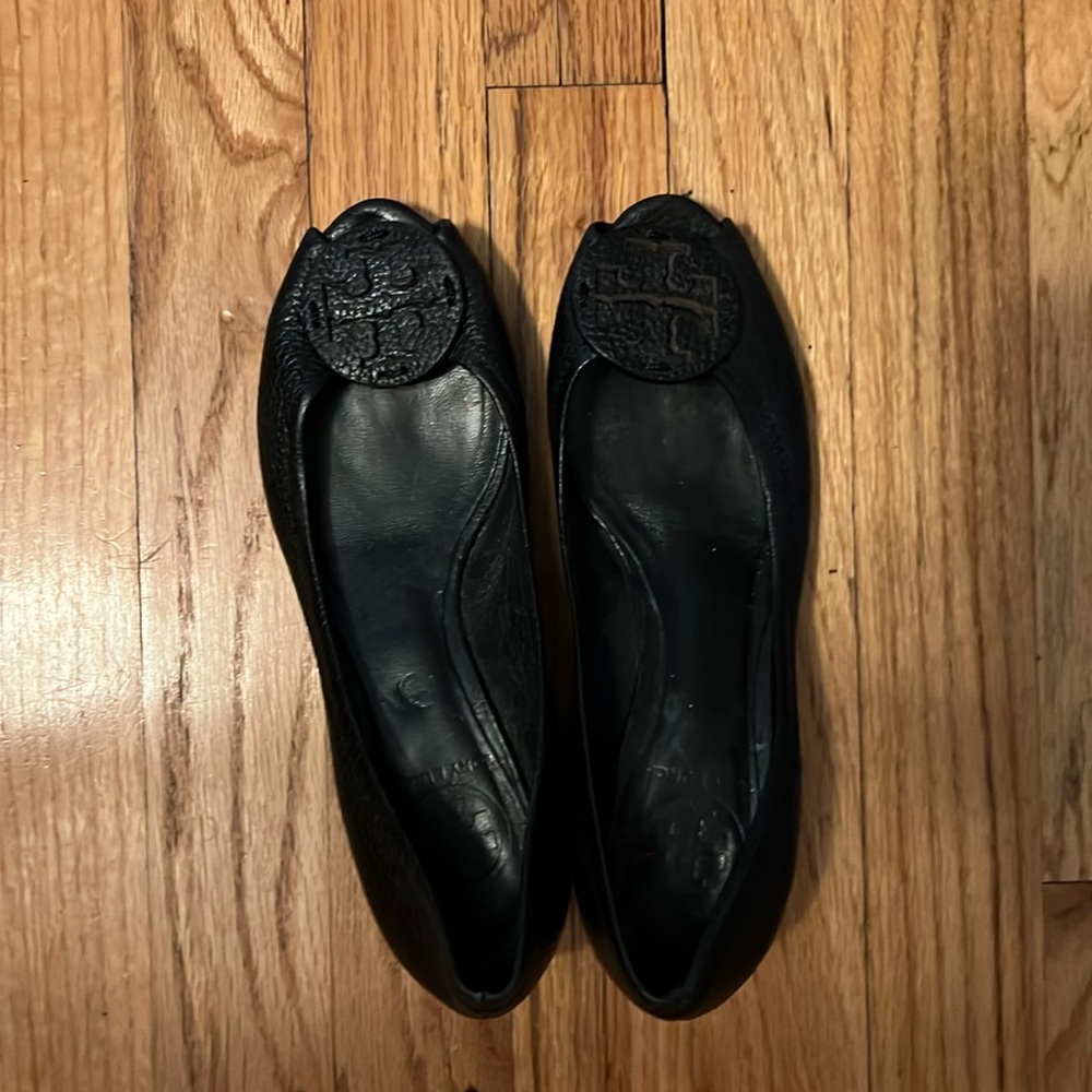 Tory Burch peep toe black leather wedges